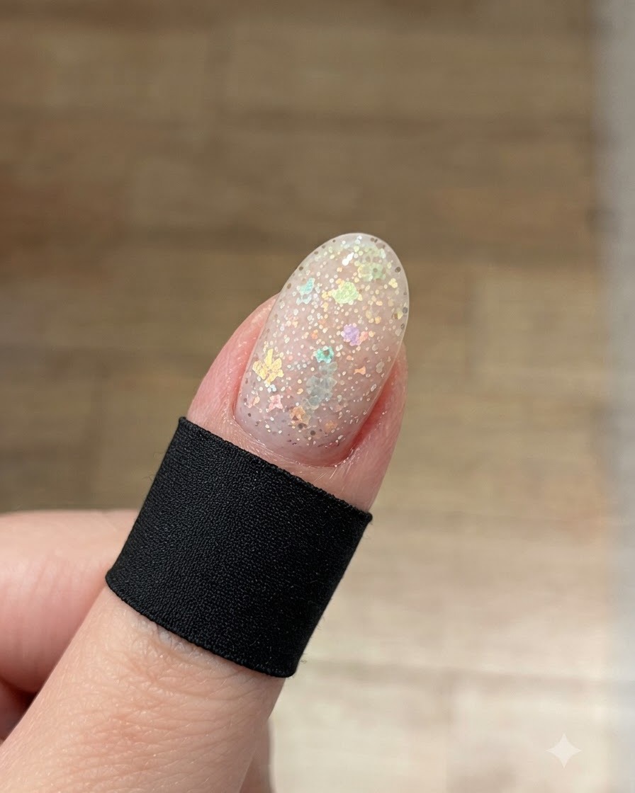 Ein Alkoholkissen wischt die glänzende Oberfläche eines ausgehärteten Nagels ab, um Rückstände zu entfernen.