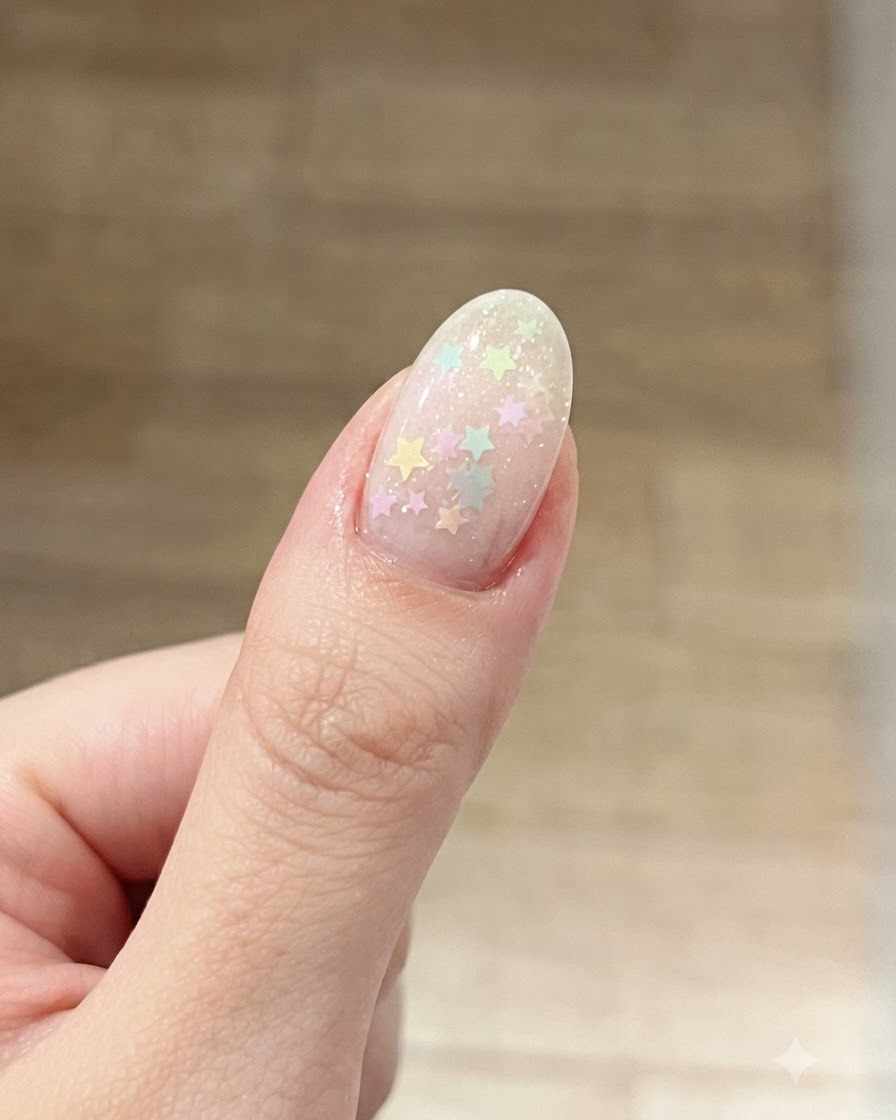 Ein Pinsel trägt eine zusätzliche dünne Schicht klaren Base Gels über dem eingebetteten Stern-Glitter-Design auf.