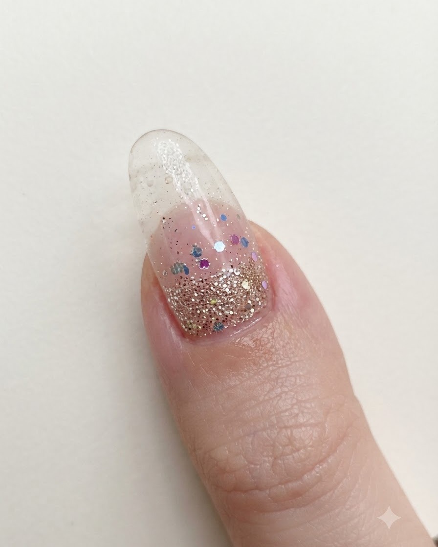 Ein Nagelpinsel verteilt feinen reflektierenden Pink-Glitter über den oberen Bereich eines Nagels mit bereits vorhandenem Glitzerverlauf.