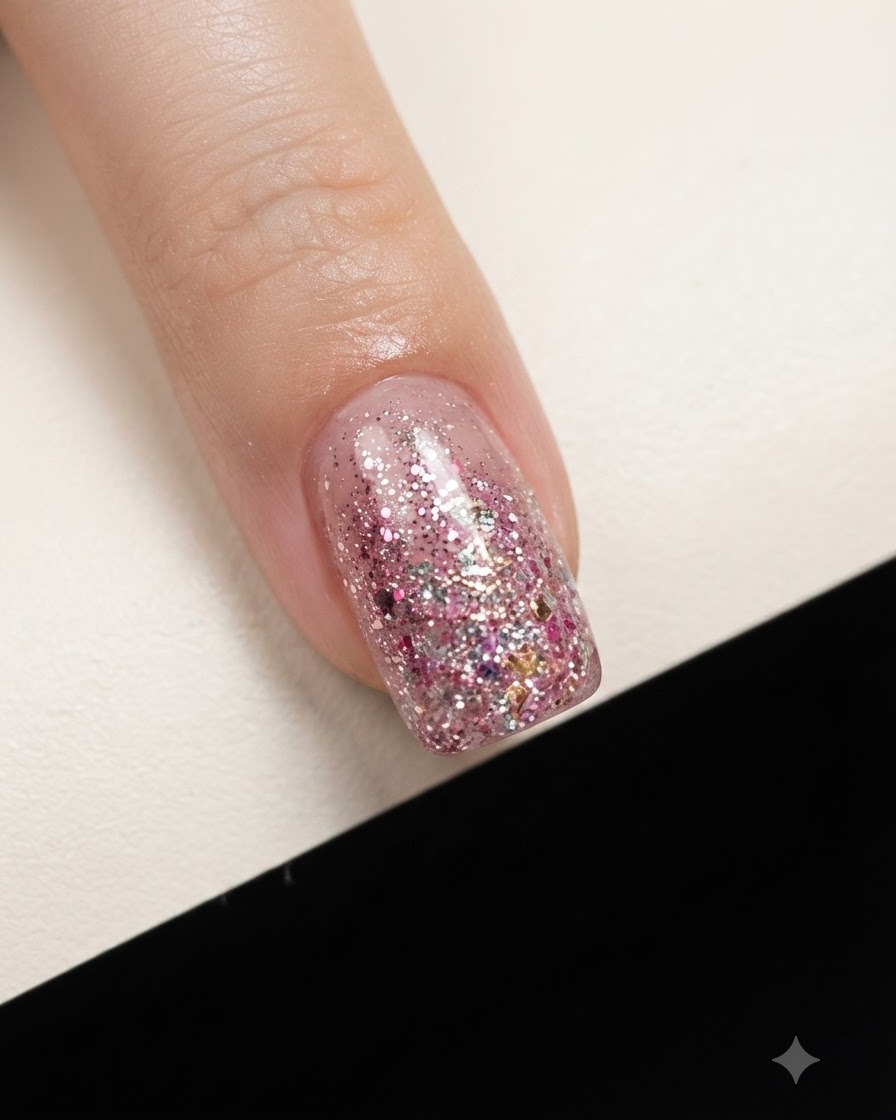 Nahaufnahme eines Fingers mit einer dichten Schicht aus groben pinken und goldenen Glitzerflocken, die sich an der Nagelspitze konzentrieren.