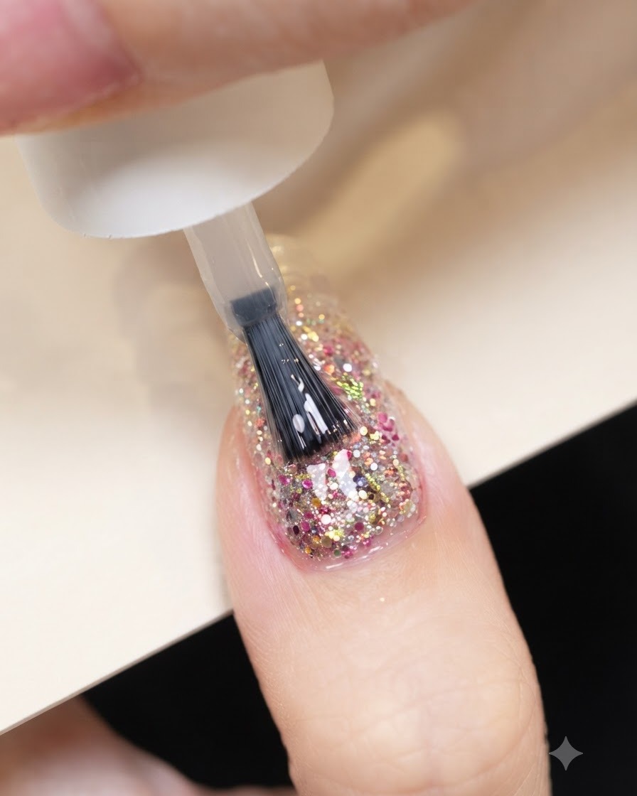 Ein Pinsel trägt ein klares, selbstnivellierendes Builder Gel über eine mit Glitter bedeckte Nageloberfläche auf.