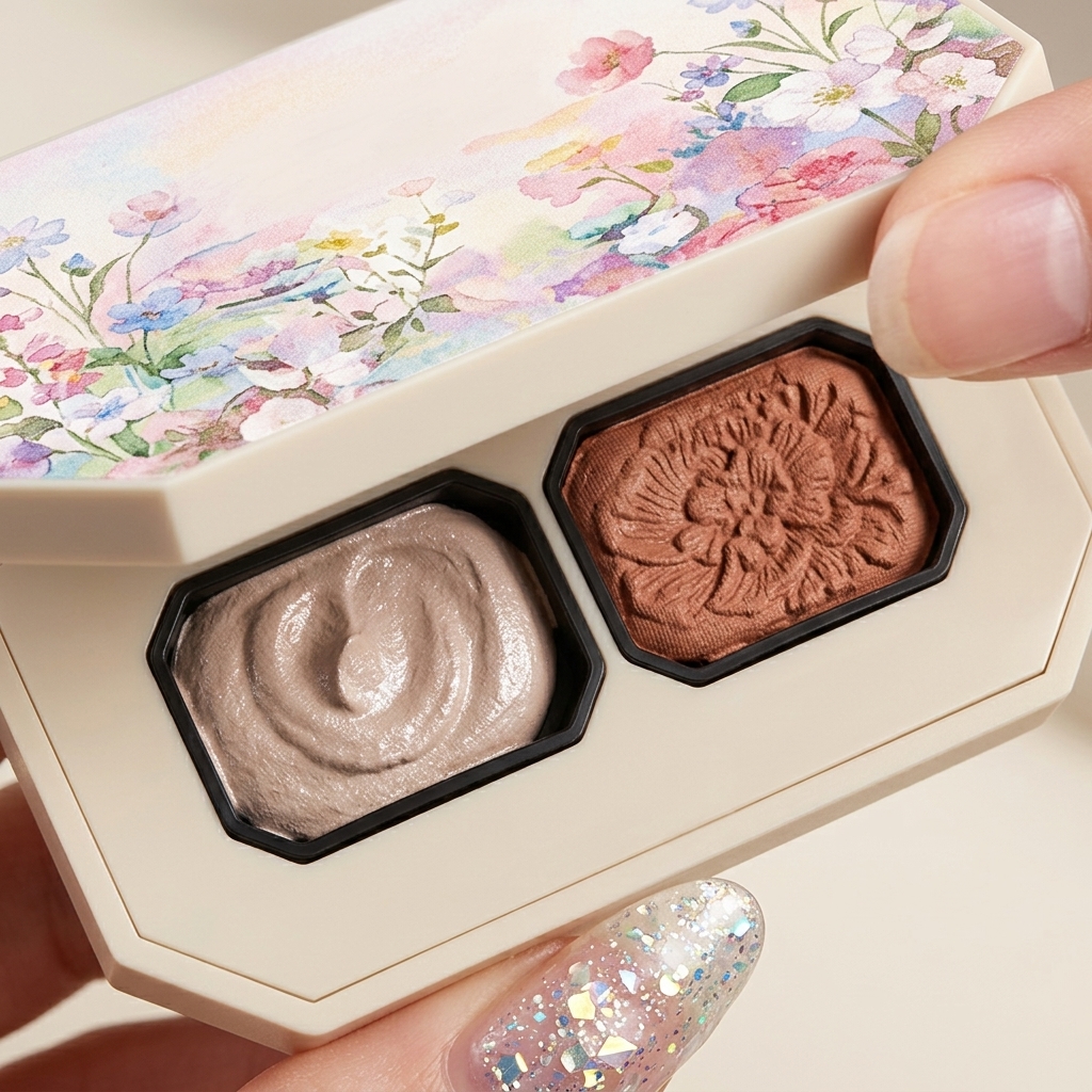 Eine Hand öffnet eine blumenmusterte Palette mit solidem Cremegel-Lack in neutralen Tönen.