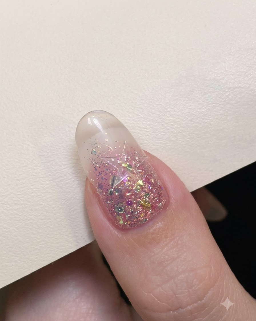 Eine Präzisionspinzette platziert einen silbernen hohlen Sternaufkleber auf die Mitte eines mit Glitter verkapselten Nagels.