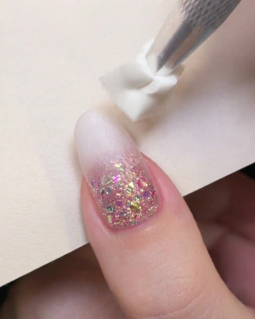 Ein Schwämmchen-Werkzeug tupft milchig weißes Gel-Polish auf die obere Kante eines dekorierten Nagels.