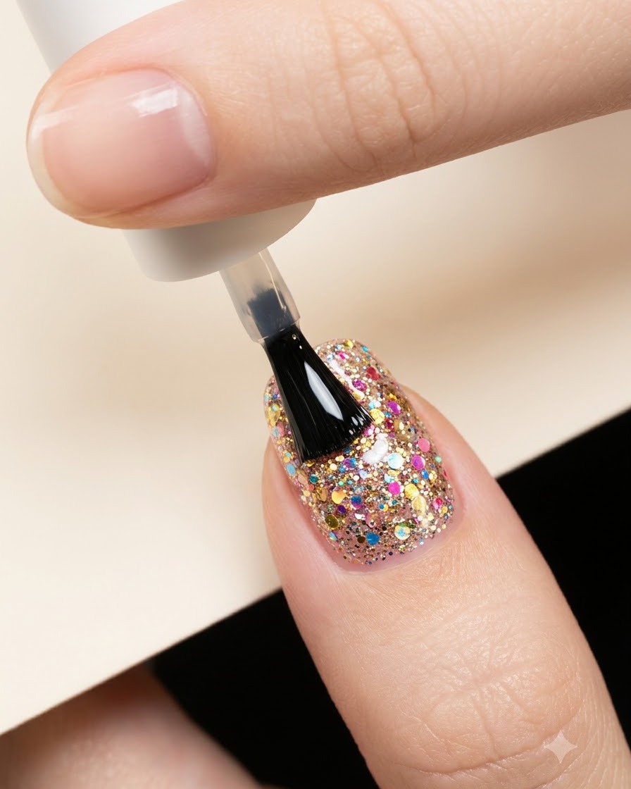 Ein Pinsel trägt eine dicke Schicht klaren, glänzenden Topcoat über ein glitzerndes Stern-Nageldesign auf.