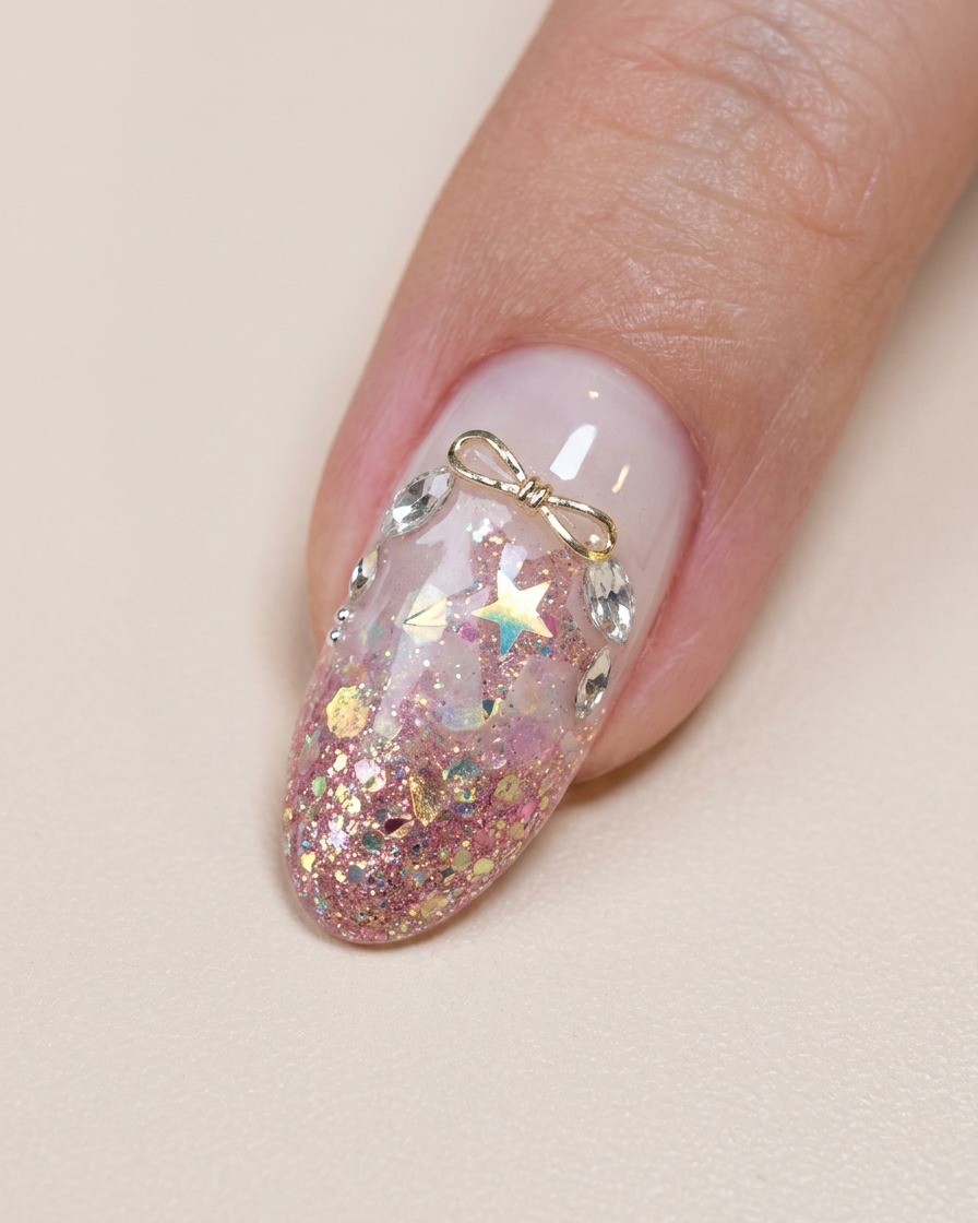 Eine Pinzette platziert einen kleinen silbernen Schleifen-Charm mit Strasssteinen im Nagelhautbereich eines fertigen Nagels.