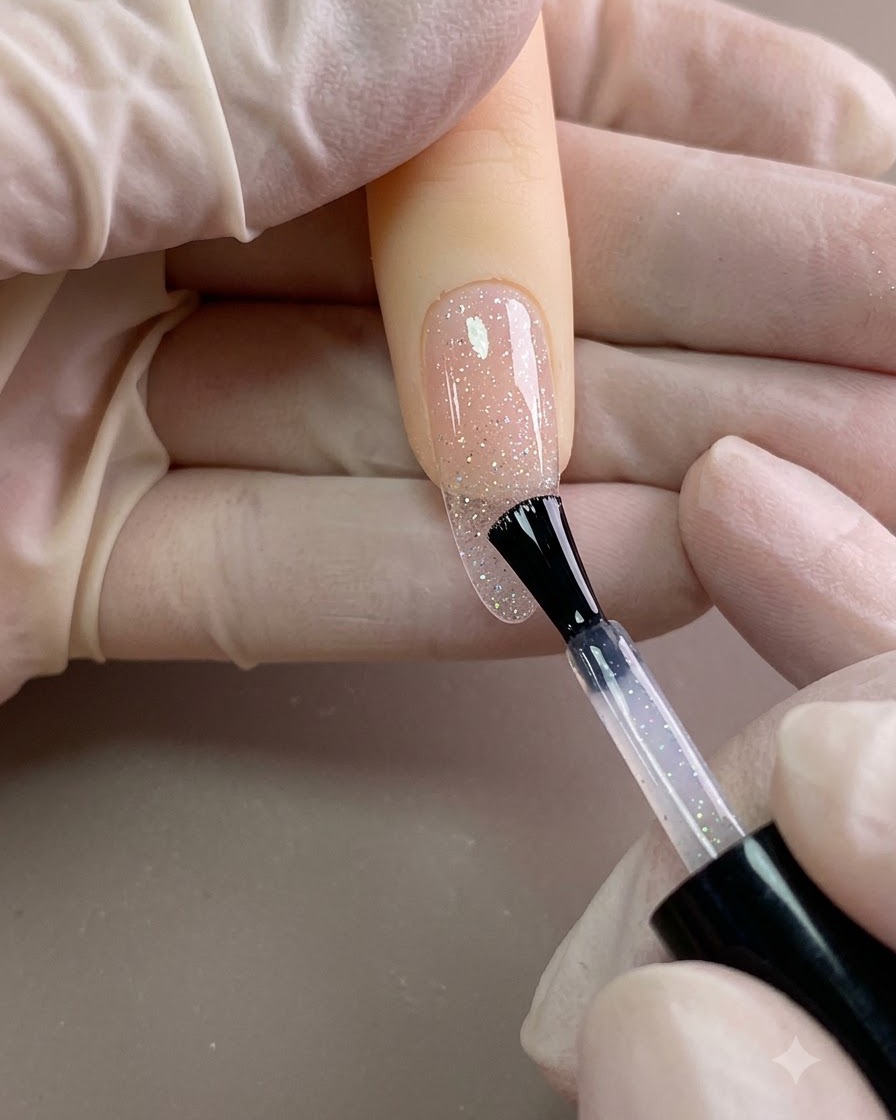 Ein Pinsel verteilt klares Builder-Gel auf einer transparenten Nagelspitze.