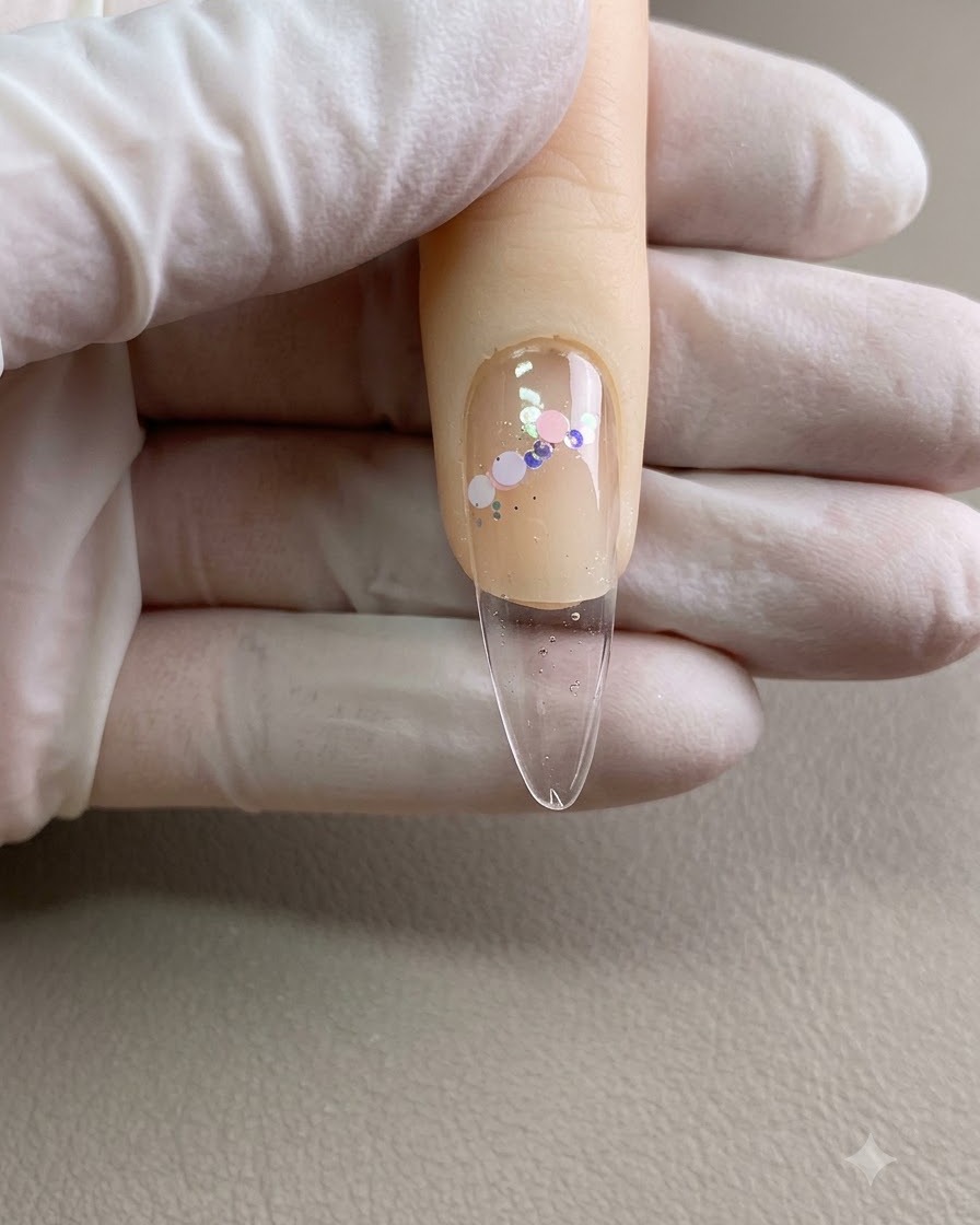 Nahaufnahme von großen irisierenden Pailletten auf nassem Nagelgel.