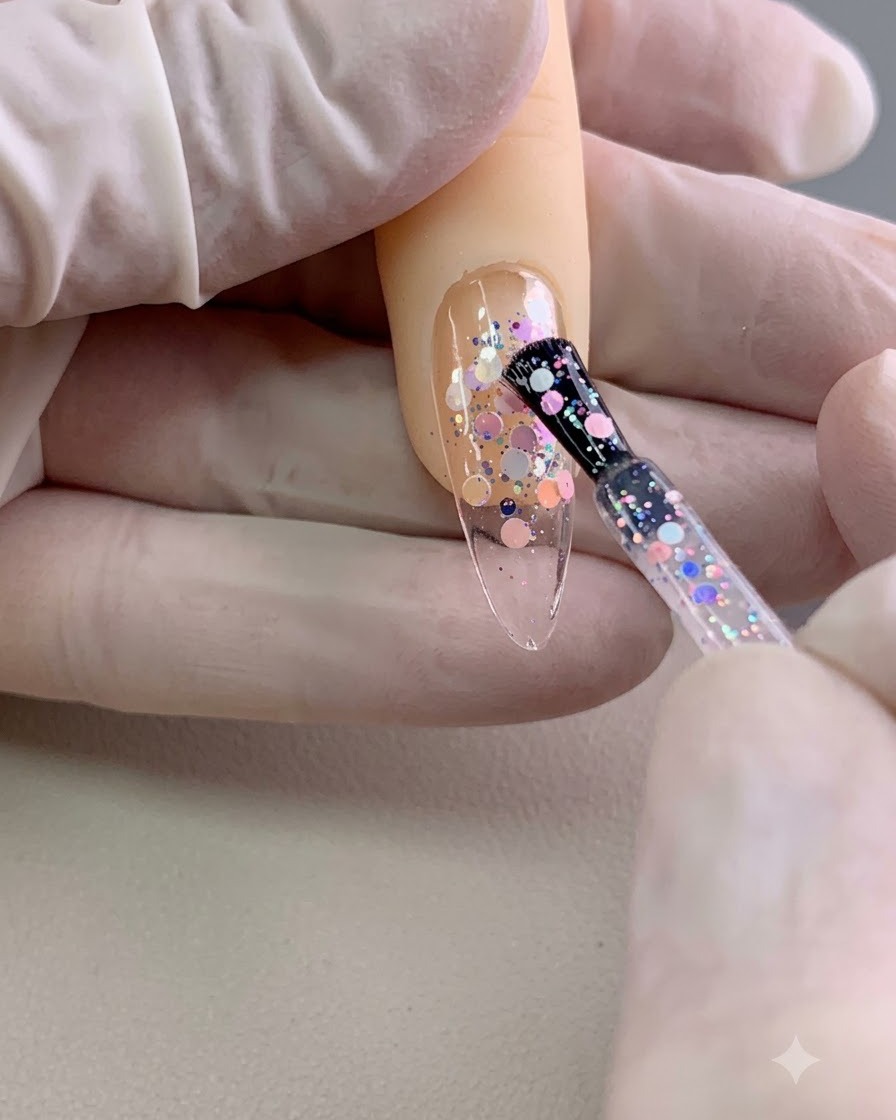 Ein Pinsel trägt eine dicke Schicht klares Gel über den eingebetteten Pailletten auf.