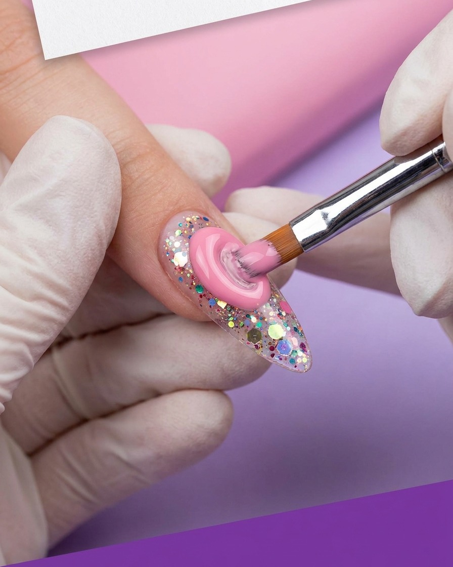 Ein Pinsel füllt rosa Gel um das Design in der Mitte eines Nagels.