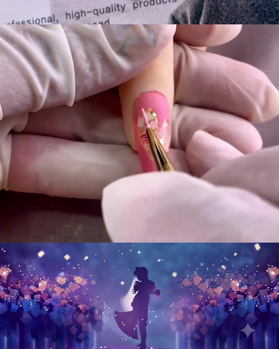 Ein feiner Pinsel zieht eine klare erhabene Linie entlang des Herzrandes auf dem Nagel.