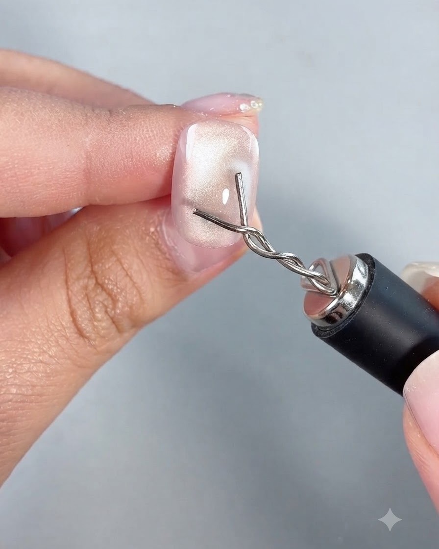 Eine maßgeschneiderte Magnetnadel schwebt nahe der unteren rechten Ecke eines Nagels, um Cat-Eye-Partikel zu formen.