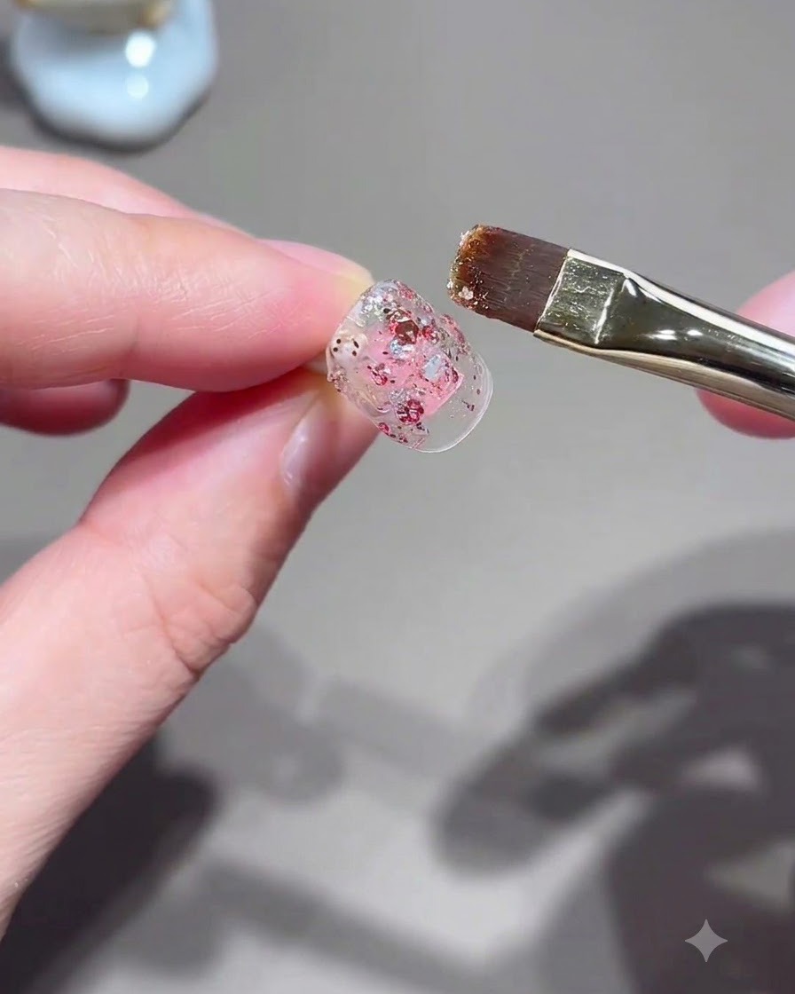 Ein flacher Nagelpinsel trägt rosa Glitzergel auf einen Nagel tip auf.
