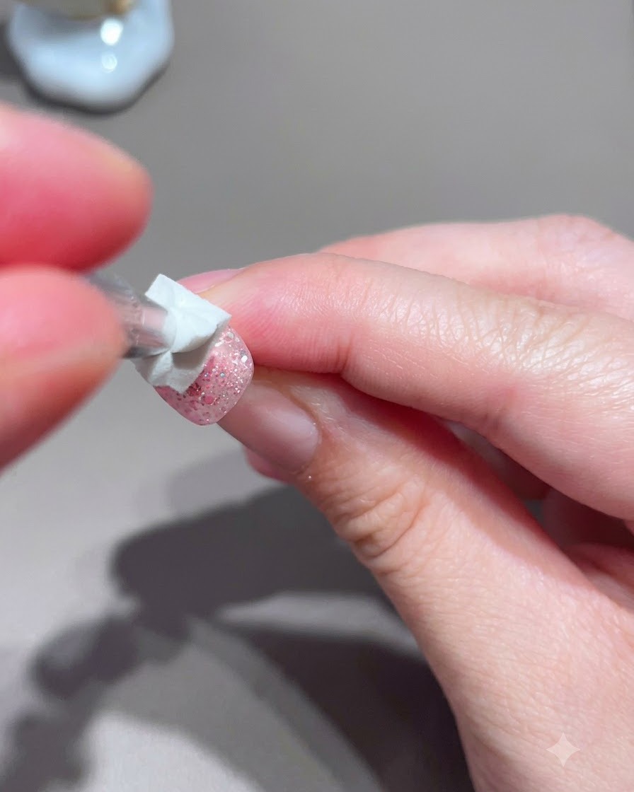 Ein Pinsel trägt eine sehr helle, transparente Rosa-Farbe über dem Nageldesign auf.
