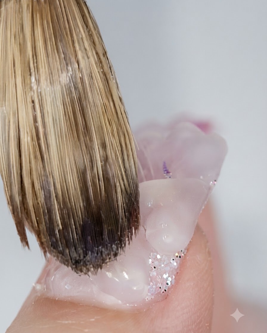 Nahaufnahme eines Nagelpinsels, der eine zweite Acrylperle neben der ersten zu einer Herzform modelliert.