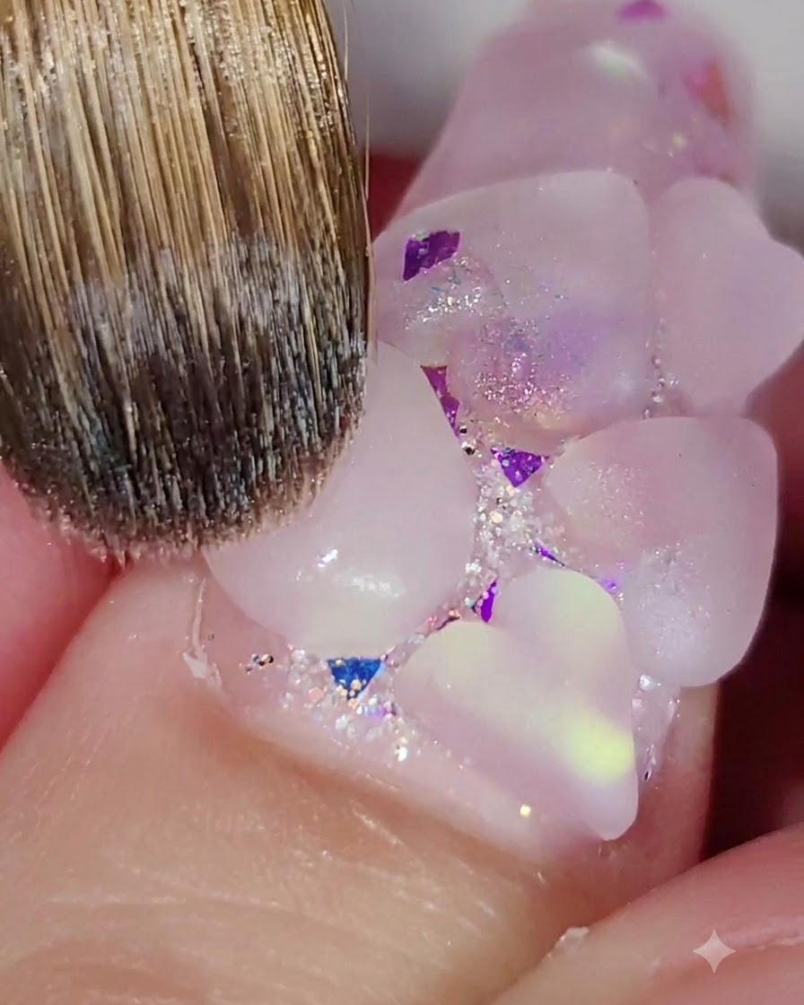 Ein professioneller Nagelpinsel modelliert eine pinke Acrylherzform auf einer dekorierten Nageloberfläche.