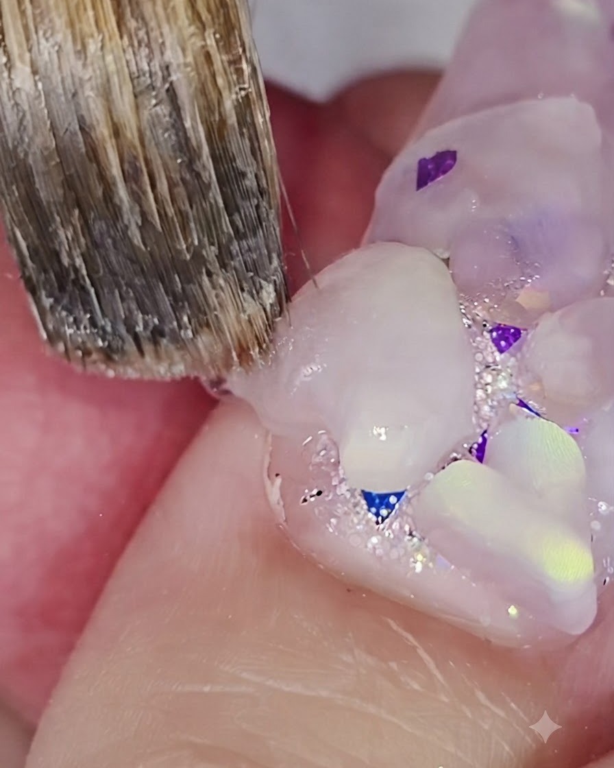 Ein Nagelpinsel detailliert und schärft die Kanten eines 3D-Acrylherzens auf einem Nagel.