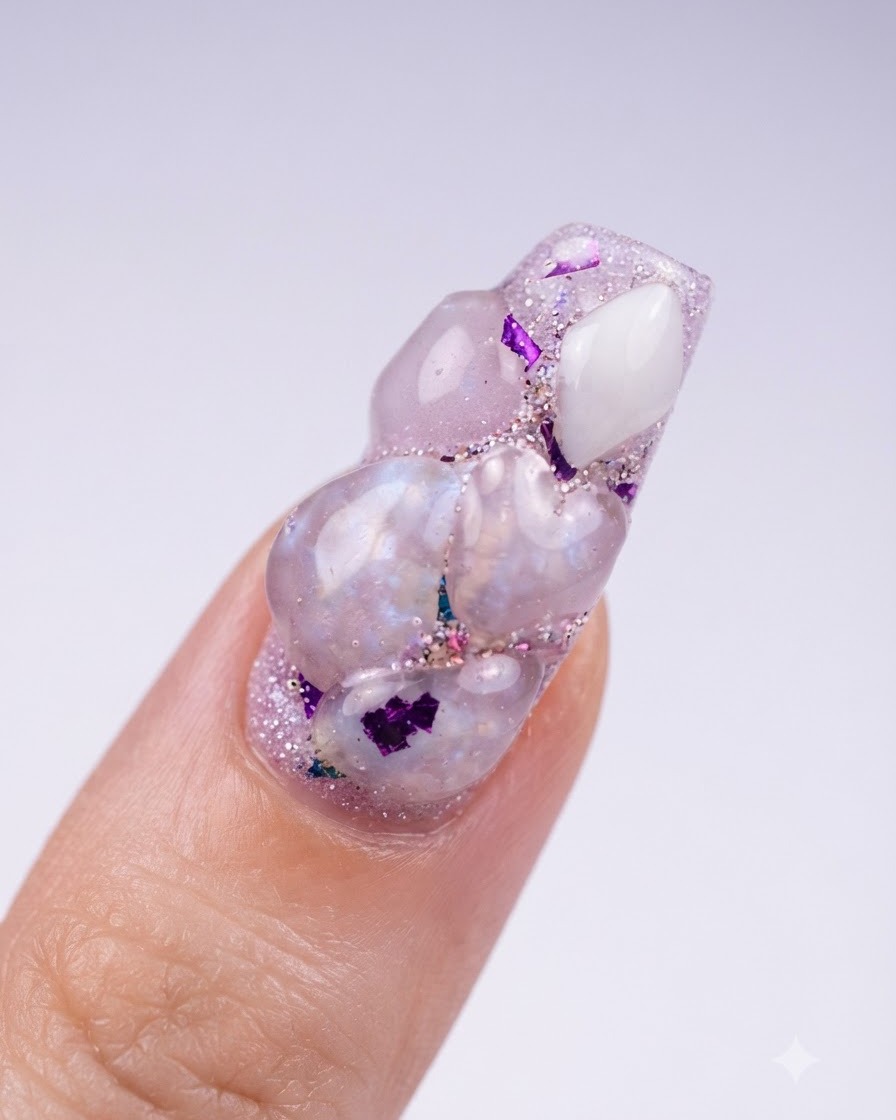 Draufsicht auf einen Nagel mit mehreren modellierten pinken Acrylherzformen und eingebetteten irisierenden Flakes.
