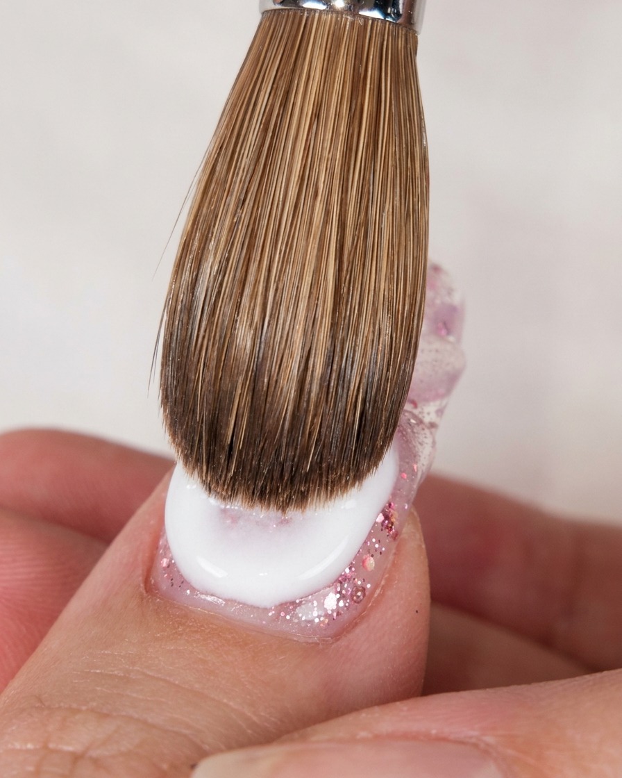 Ein großer Acryl-Nagelpinsel trägt eine feuchte Perle aus weißem Acryl über einen klaren Nagel mit eingebettetem pinken Glitzer auf.