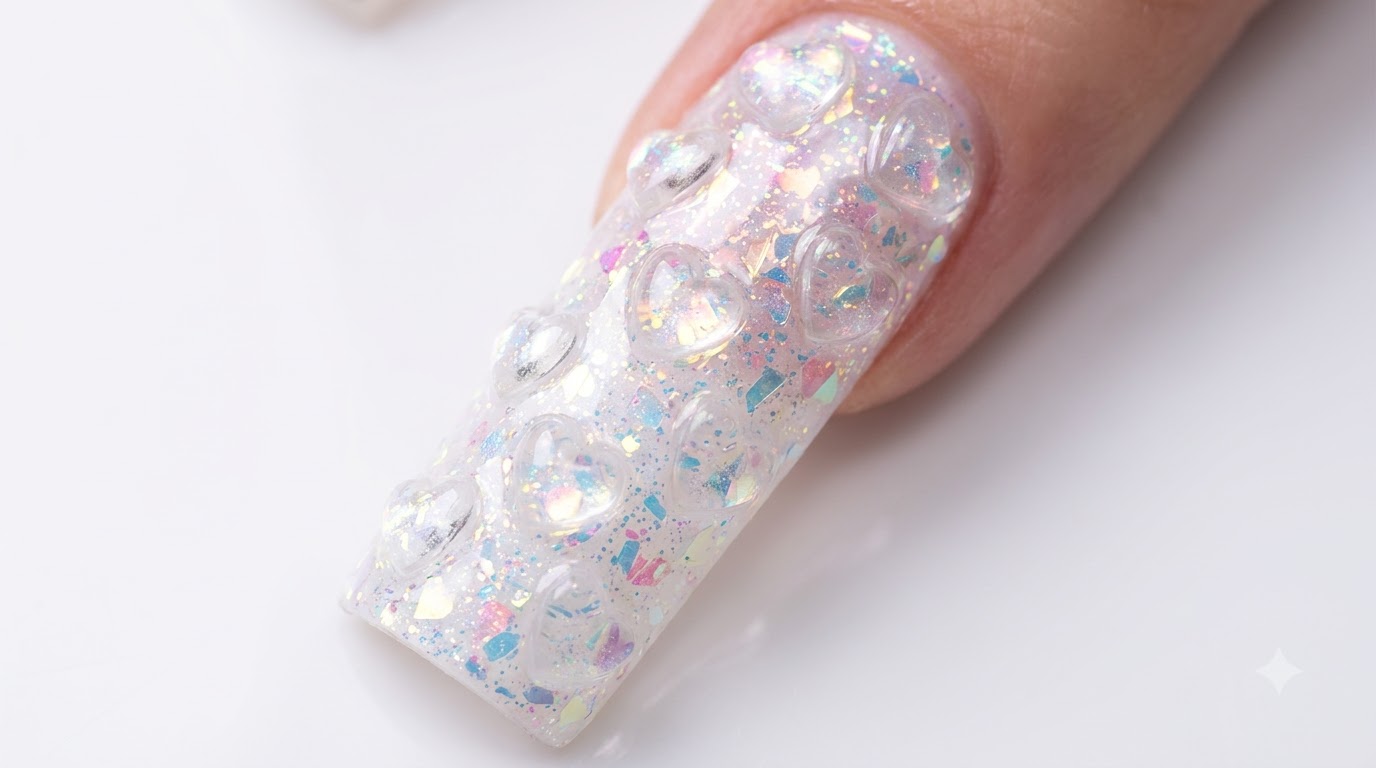 Nahaufnahme des fertigen Nagels mit klaren 3D-Herzformen auf einer irisierenden und weißen Acrylbasis, die auf Hochglanz poliert sind.