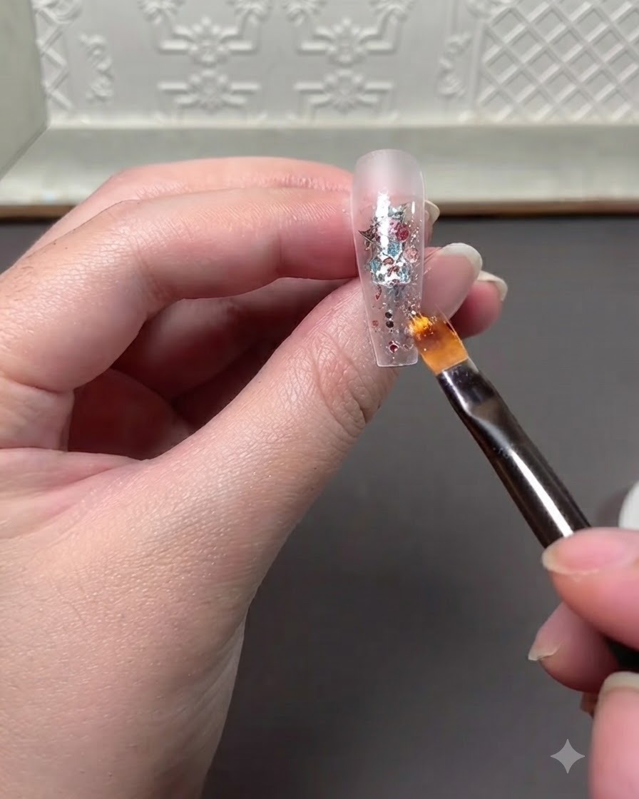 Ein Pinsel trägt ein klares Verstärkungsgel über der eingebetteten Glitzerschicht auf der Nagelverlängerung auf.