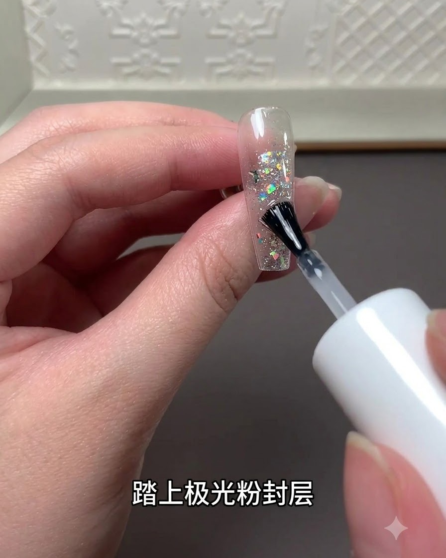 Ein Pinsel aus einer Top-Coat-Flasche trägt eine Laserpuder-Versiegelungsschicht über dem Glitzerdesign auf der Nagelverlängerung auf.