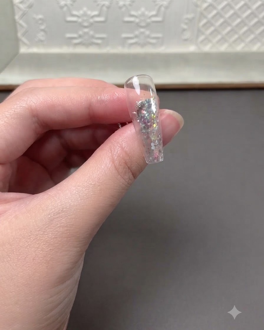 Eine klare Nagelverlängerung mit eingebettetem Glitzer, auf der ein schwarzer, herzförmiger Sticker platziert ist.