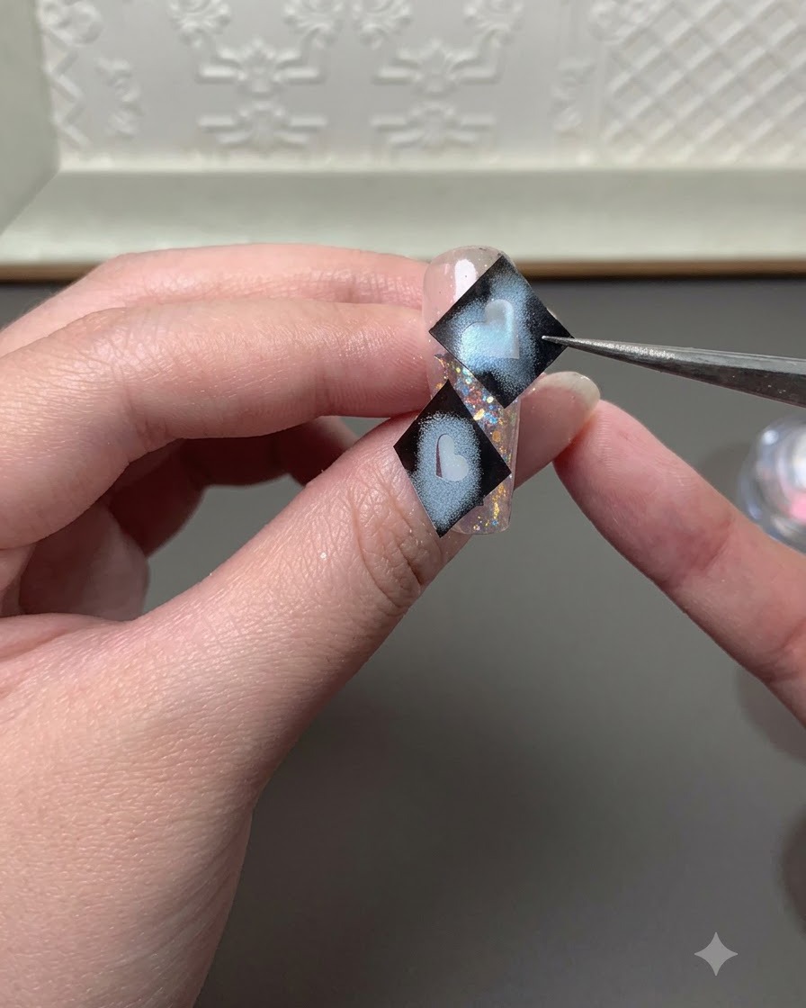 Ein feiner Liner-Pinsel füllt hellblaues Gel in eine Herzform auf einem Nagel.