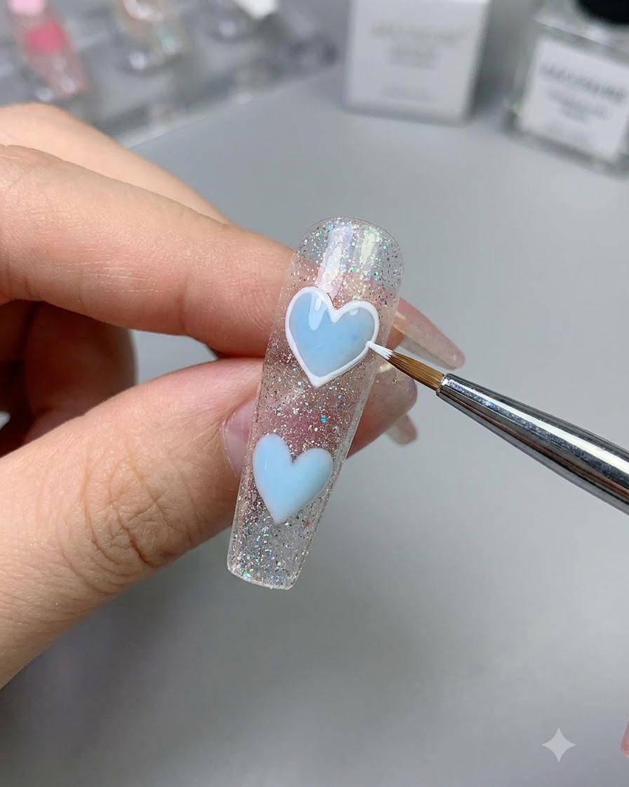Ein feiner Pinsel zieht mit weißem Zeichengel die Ränder eines hellblauen Herzens nach.