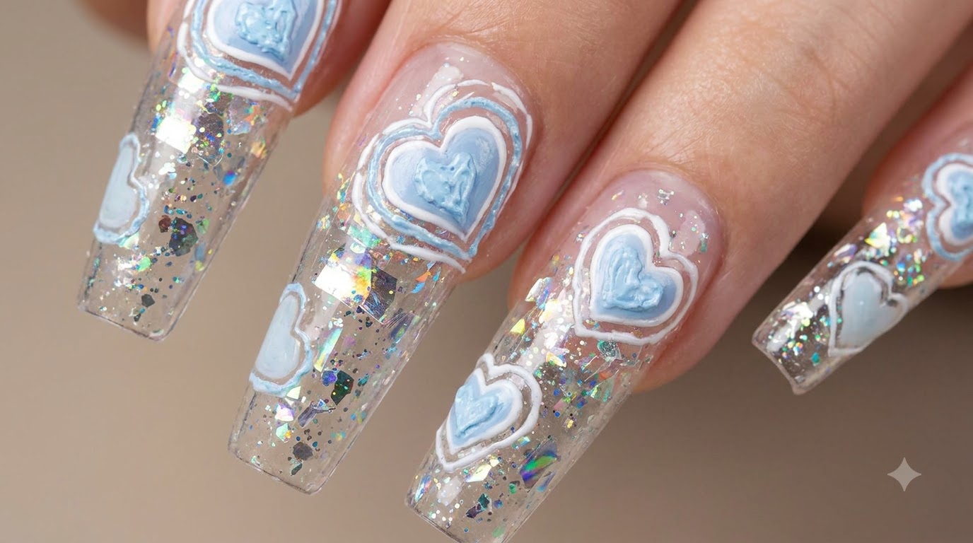 Glitzer und handgemalte 3D-Herzen Nail Art — Schritt-für-Schritt-Anleitung