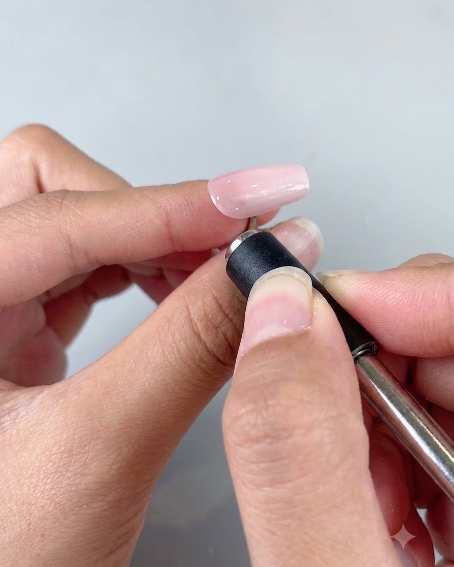 Eine Hand verwendet einen kleinen zylindrischen Magnetstab über dem Nagel, um die Cat Eye Gel Partikel zu manipulieren.