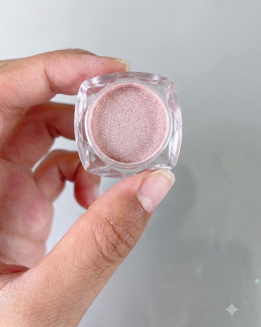Nahaufnahme eines kleinen Tiegels mit hellem, pfirsichfarbenem Chrom-Spiegelpuder, der in der Hand gehalten wird.