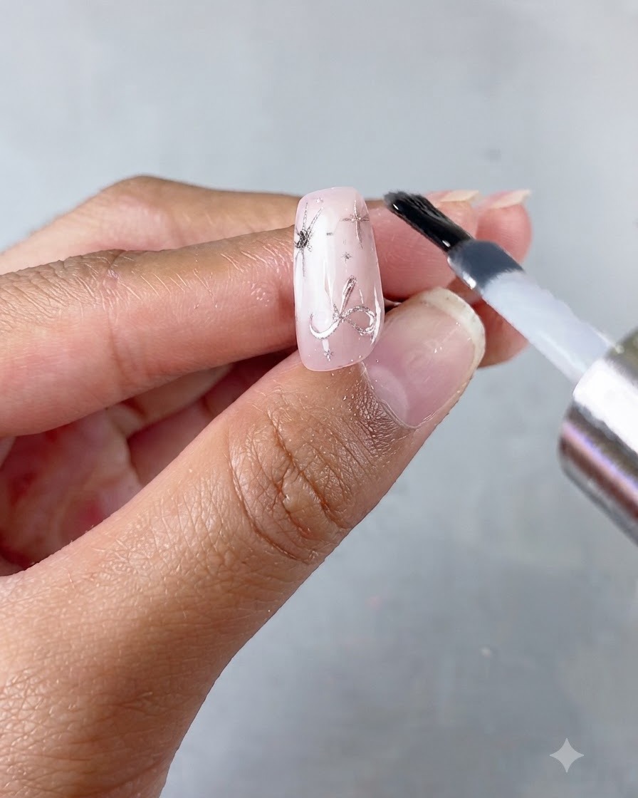 Ein Nagelpinsel trägt eine letzte glänzende Topcoat-Schicht auf das fertige erste Nageldesign auf.