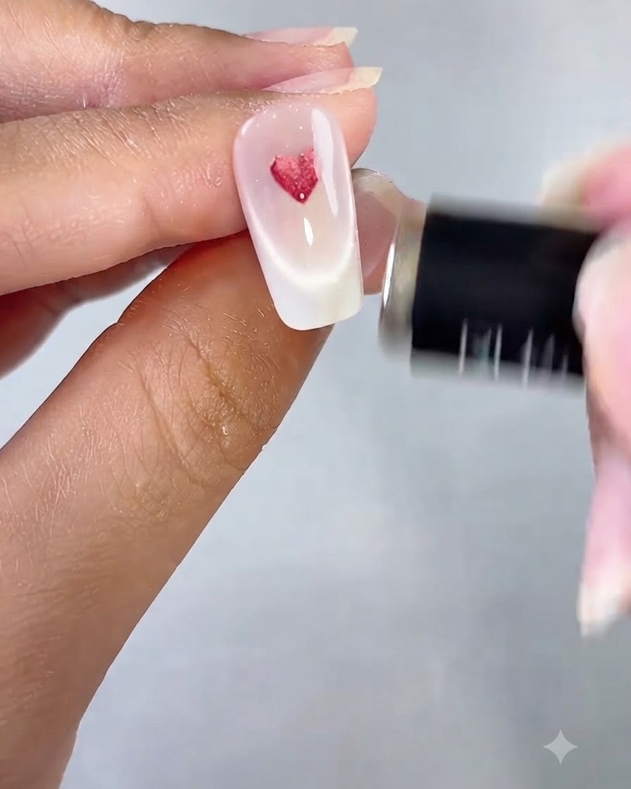 Ein Magnet wird nah an einen verzierten Nagel mit einem glänzenden roten Cat-Eye-Herzdesign gehalten.
