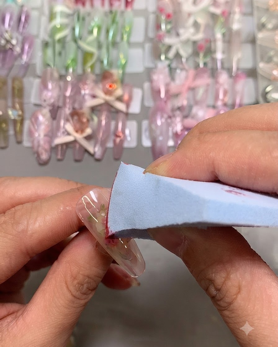 Ein Make-up-Schwamm tupft pinkfarbenes Gel auf die Nagelmitte, um einen Blush-Effekt zu erzeugen.