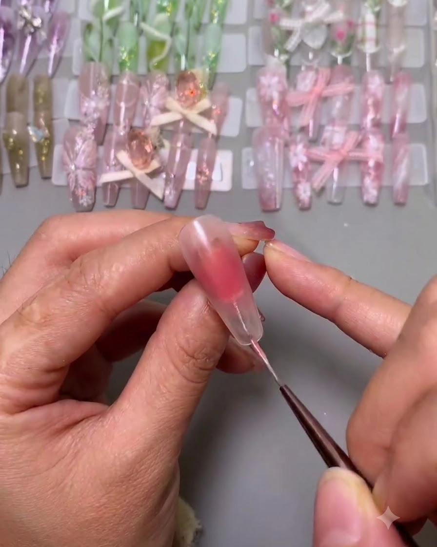 Ein feiner Liner-Pinsel platziert weiße Hilfspunkte auf einem Nagel, um die French-Spitze zu planen.