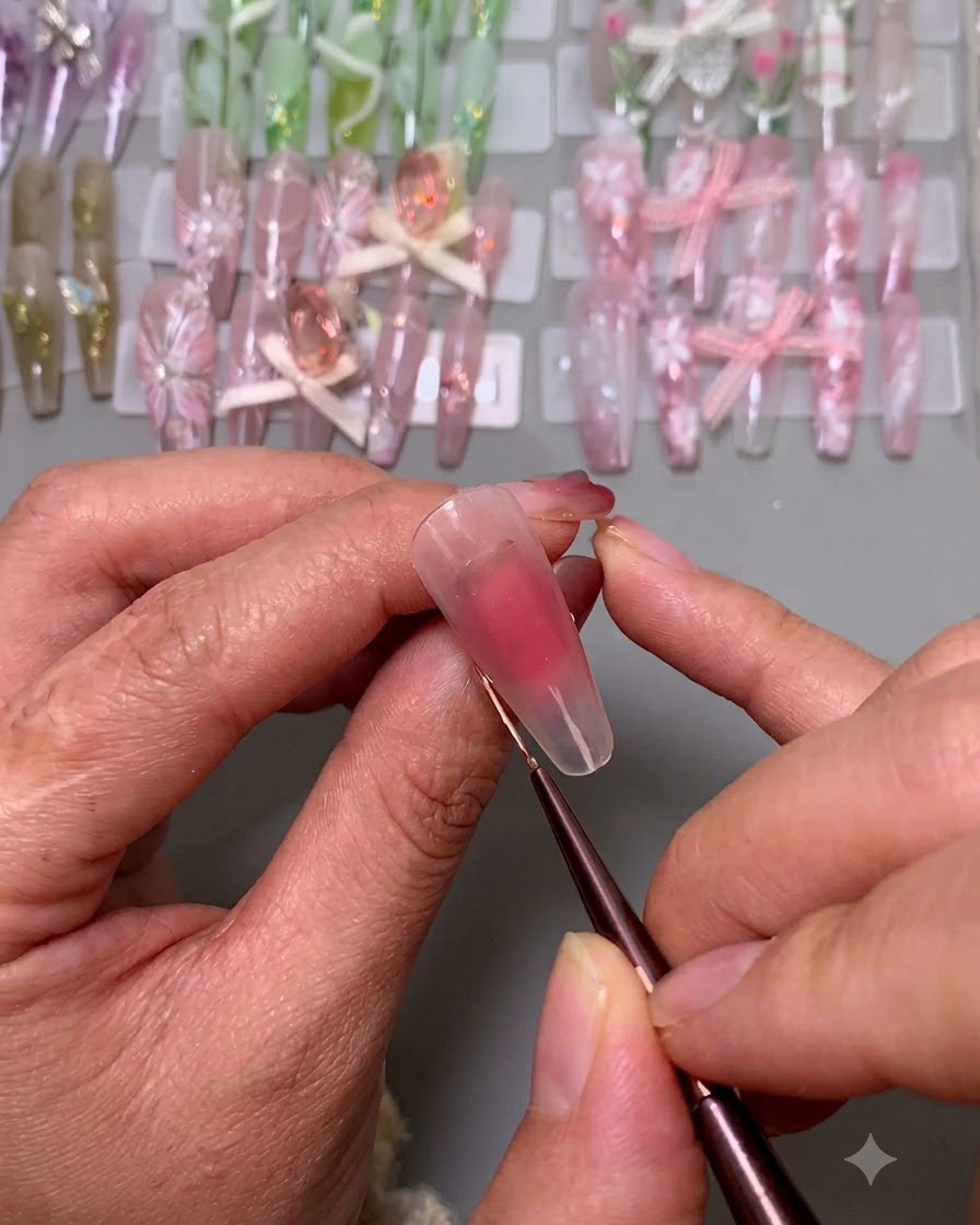 Ein feiner Liner-Pinsel zeichnet vertikale und horizontale Grenzlinien für eine French-Spitze.