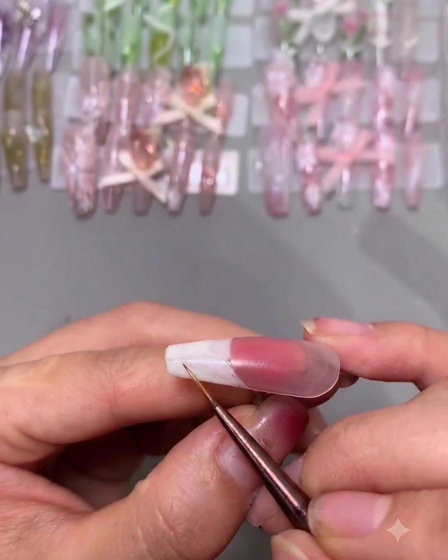 Ein feiner Detailpinsel glättet die Kante einer weißen French-Spitze auf einem manikierten Nagel.