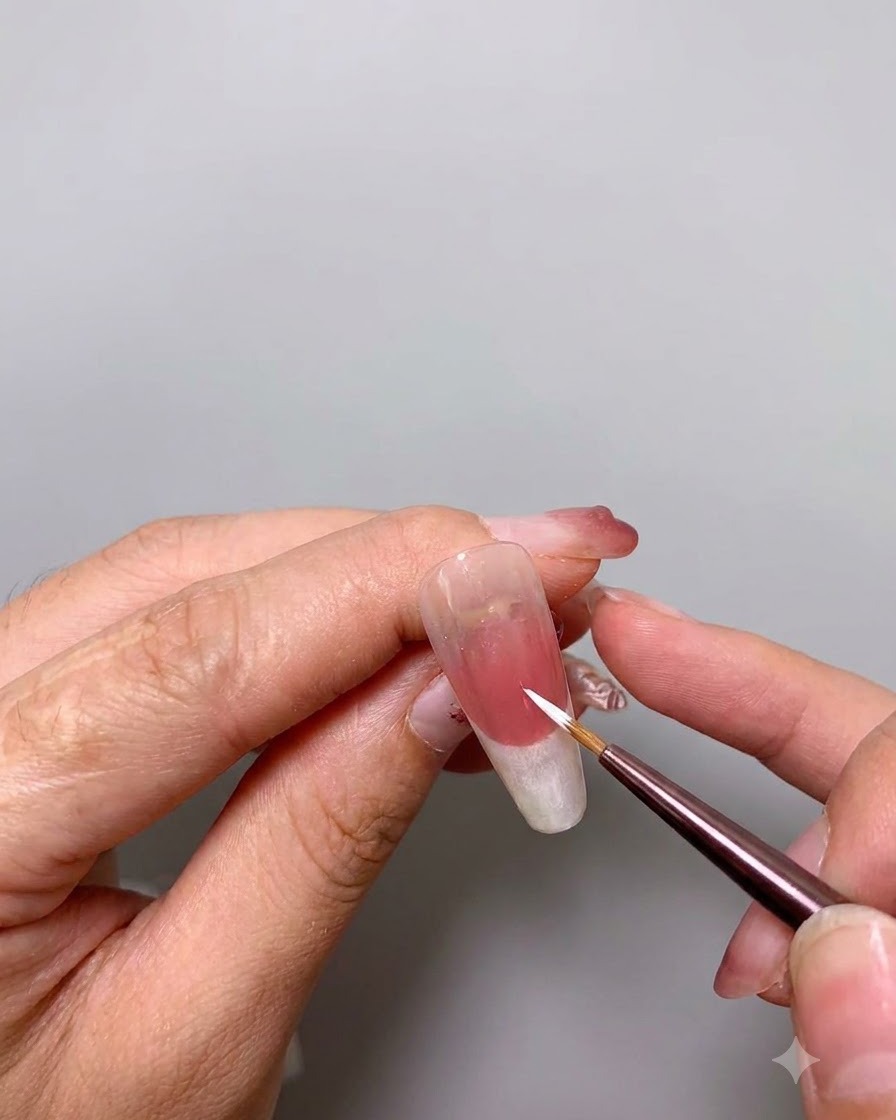Ein feiner Pinsel trägt eine zweite Schicht weißen Lacks auf die Nagelspitze auf.