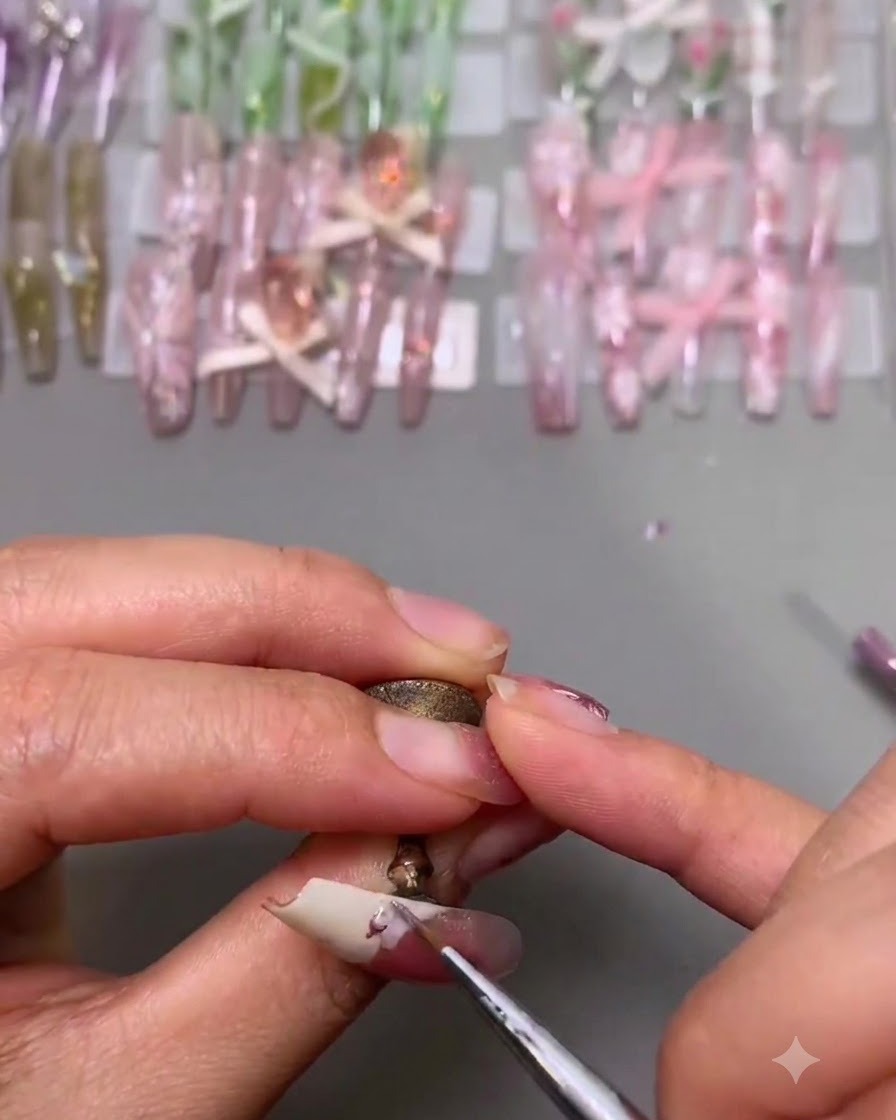 Ein Detailpinsel trägt kleine pinke Blütenblätter auf die weiße Spitze eines Nagels auf.