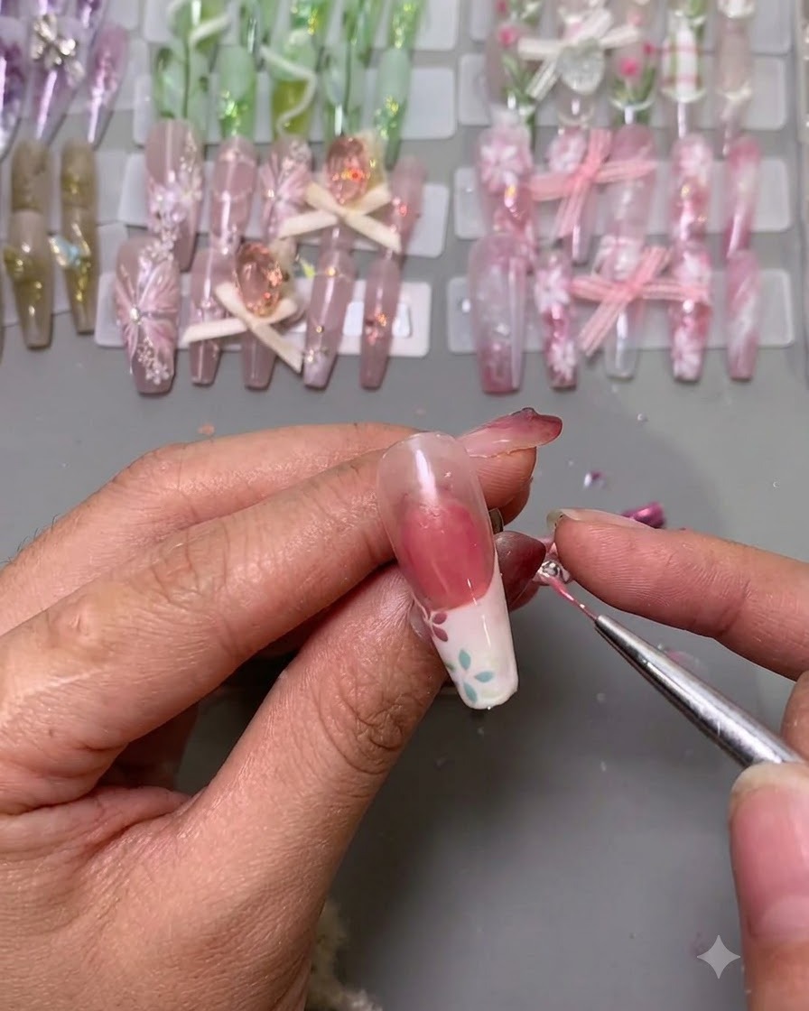 Ein feiner Pinsel platziert winzige Verzierungen auf die Mitte gemalter Blumen auf einem Nagel.