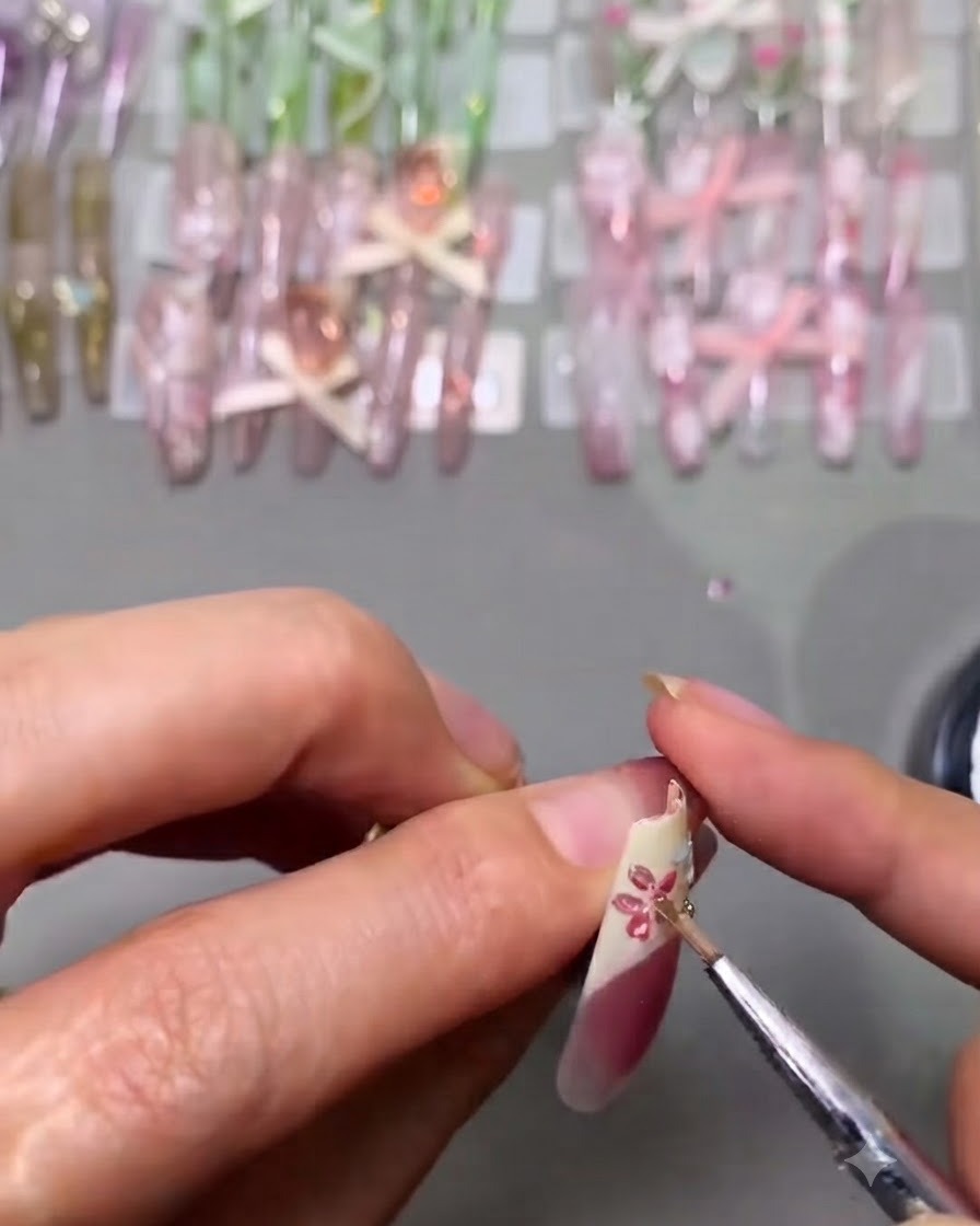 Eine detaillierte Nahaufnahme einer Nail-Art-Künstlerin, die dickes klares Gel über blau und gelb gemalte Blumenmotive aufträgt.