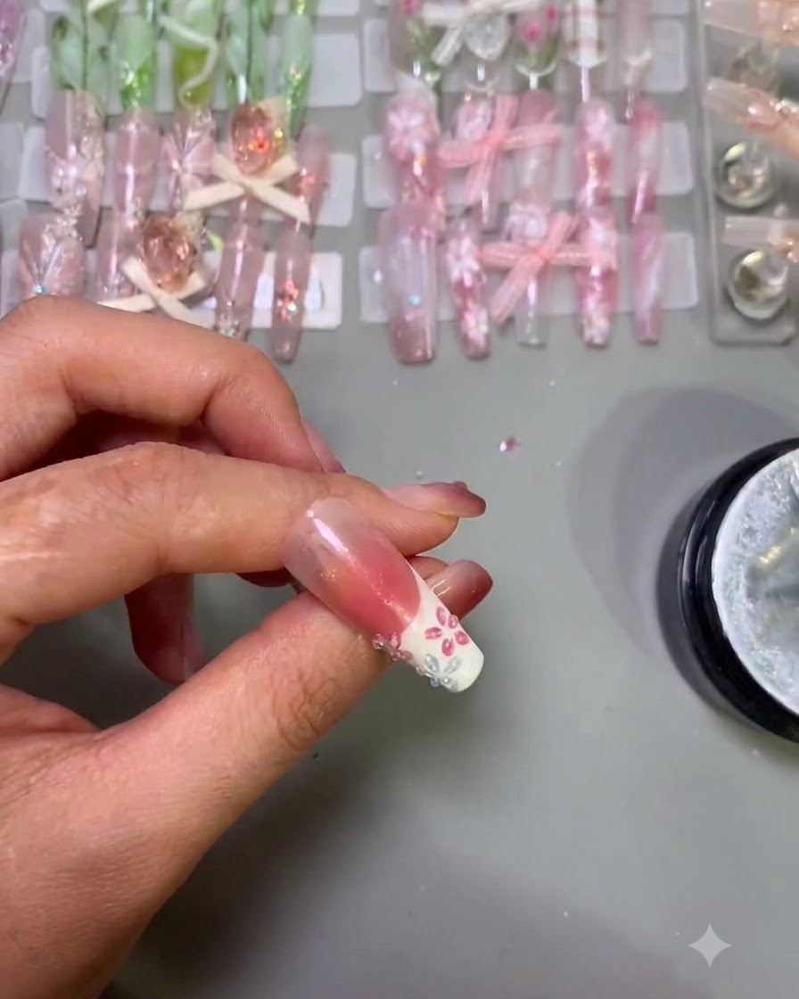 Eine Pinzette hält eine winzige weiße Perle über die feuchte Gel-Mitte einer 3D-Pink-Nagelblume.