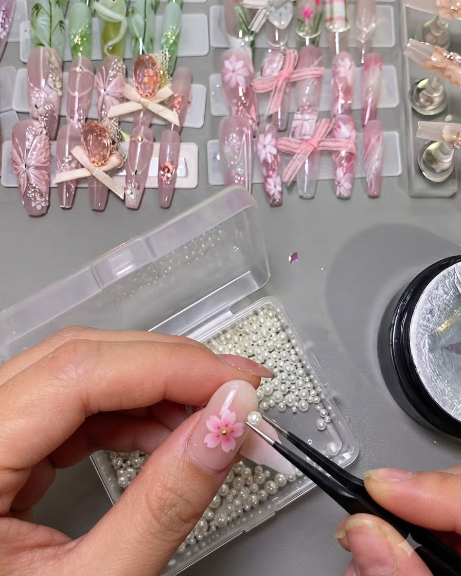Eine Hand benutzt eine Pinzette, um Perlen aus einem Aufbewahrungsrad auszuwählen, um mehrere florale Nageldesigns zu dekorieren.