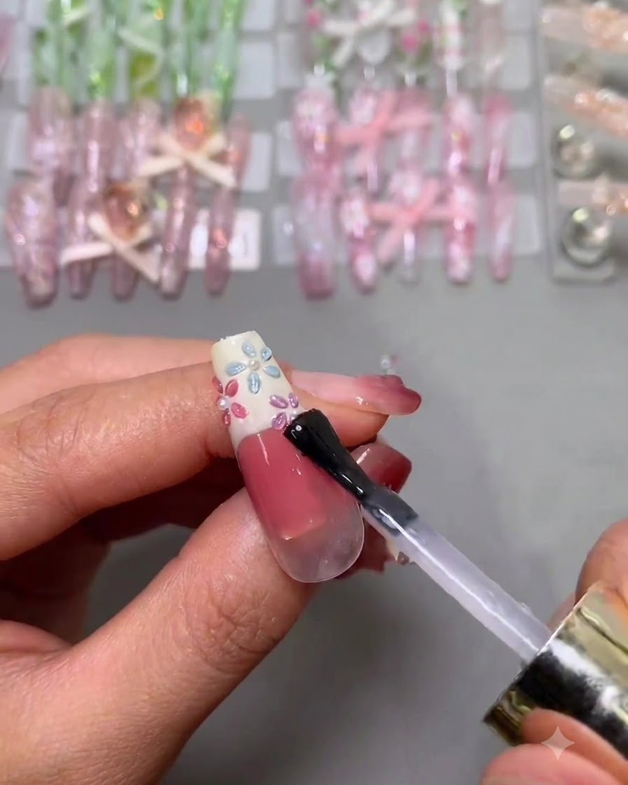 Ein Pinsel trägt eine finale Schicht klaren, glänzenden Top Coat über einen vollendeten, floral und mit Perlen dekorierten Nagel auf.