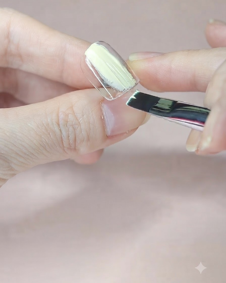 Ein flacher Pinsel trägt einen blassgelben Base Coat auf einen transparenten Nagel-Präsentationsständer auf.