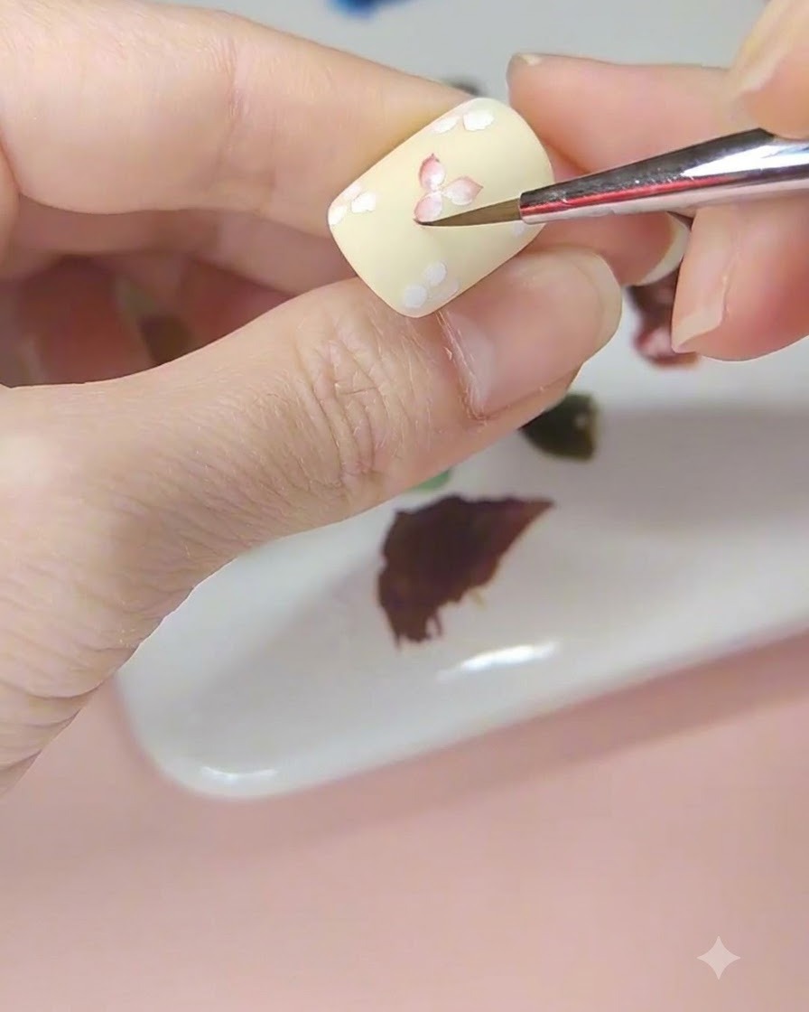 Ein Nailart-Pinsel tönt die Mitte einer weißen Blume auf einem blassgelben Nagel mit roter Aquarellfarbe.