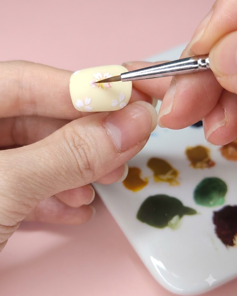 Ein feiner Nailart-Pinsel tupft hellblaue Aquarellfarbe auf die blassgelbe manikürte Nageloberfläche.
