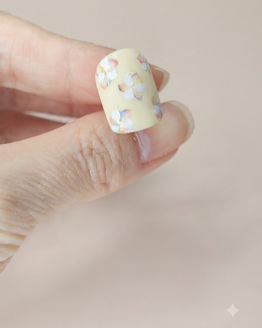 Eine mit einer frischen Schicht matten Top Coat überzogene Nageloberfläche, die weich strukturierte florale Kunst zeigt.