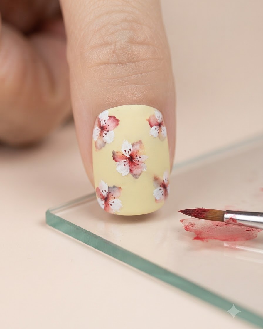 Ein feiner Pinsel nimmt rote Aquarellfarbe von einer Glaspalette neben dem verzierten Nagel auf.